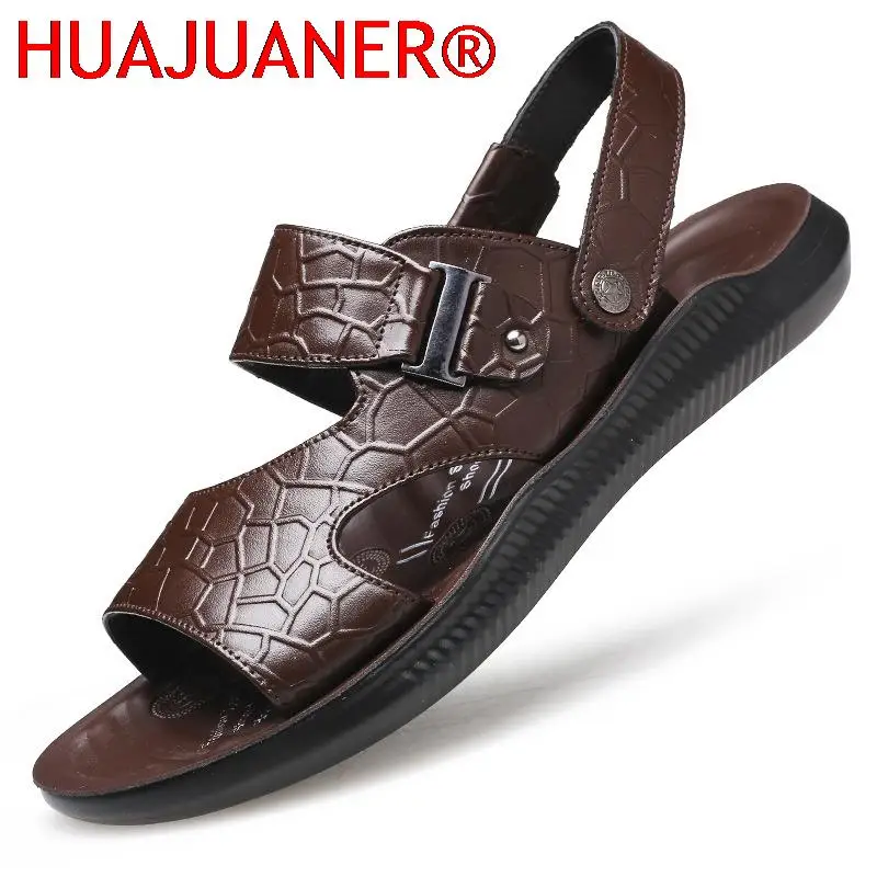 

Summer Men Sandals Quality Leather Shoes Male Comfortable Slip-on Slippers Beach Brown Man Sandal zapatillas hombr