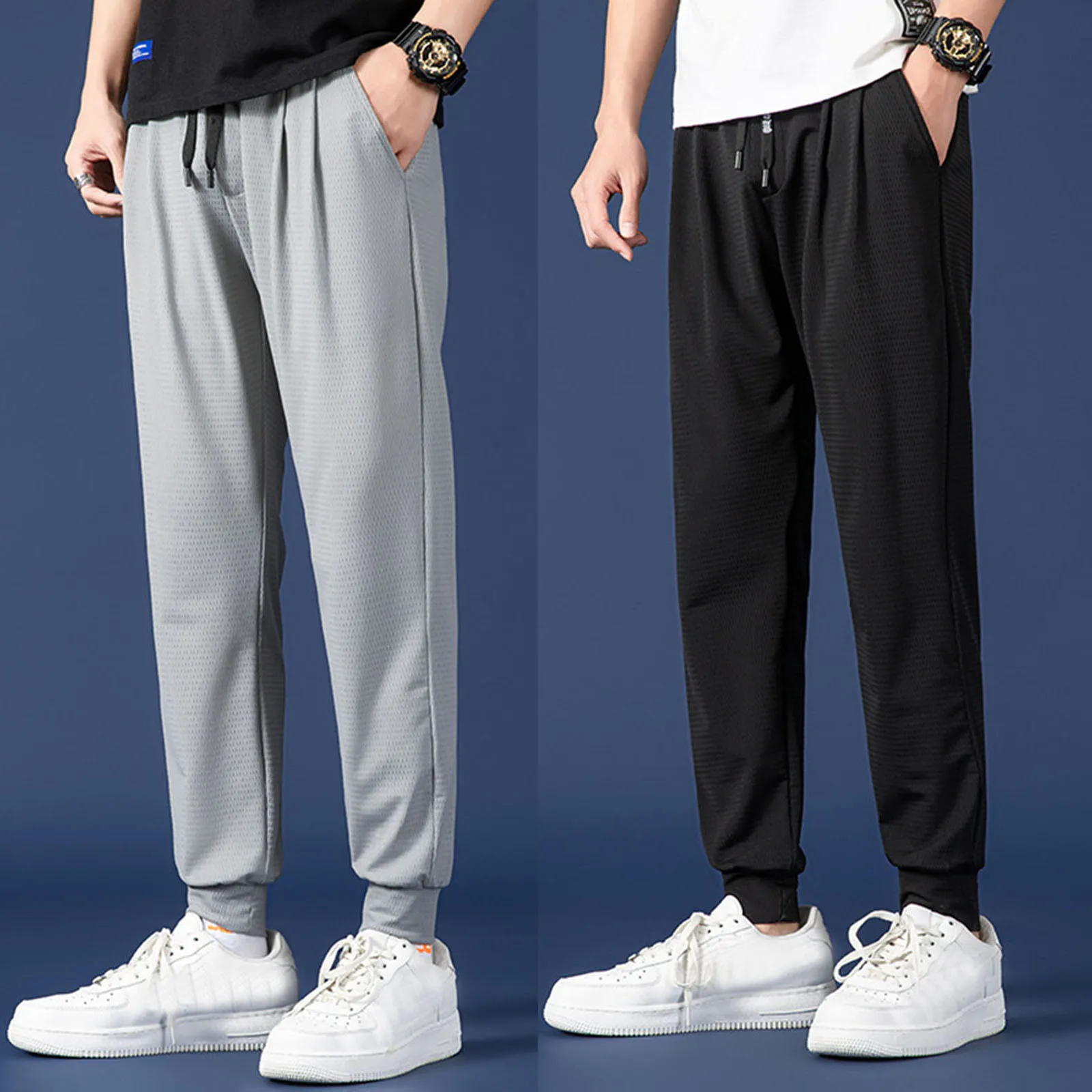 Description Picture 2 of itemMens Mesh Sweatpants Breathable Solid Color Bunched Feet Jogging Trousers Drawstring Double Pocket Sports Pants Retro Sportswear
