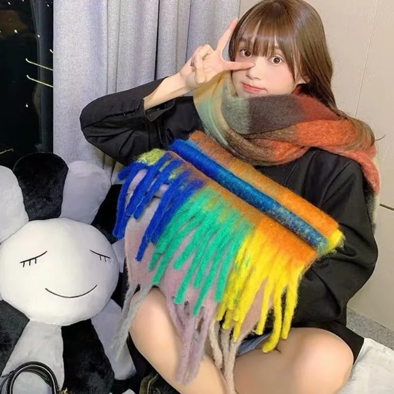 

Thick Women Plaid Scarf Winter Pashmina Shawls Cashmere Thick Wraps Lady Tassel Warm Unisex Scarves Rainbow Hairy Bufanda