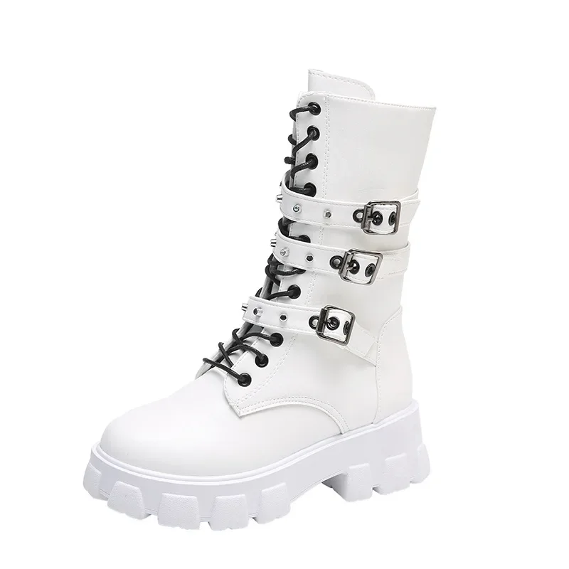 2023 New Winter Denim Boots Women's Retro White Martin Shoes Belt Buckle Round Head High Boots Ankle Boots Knee Length Boots