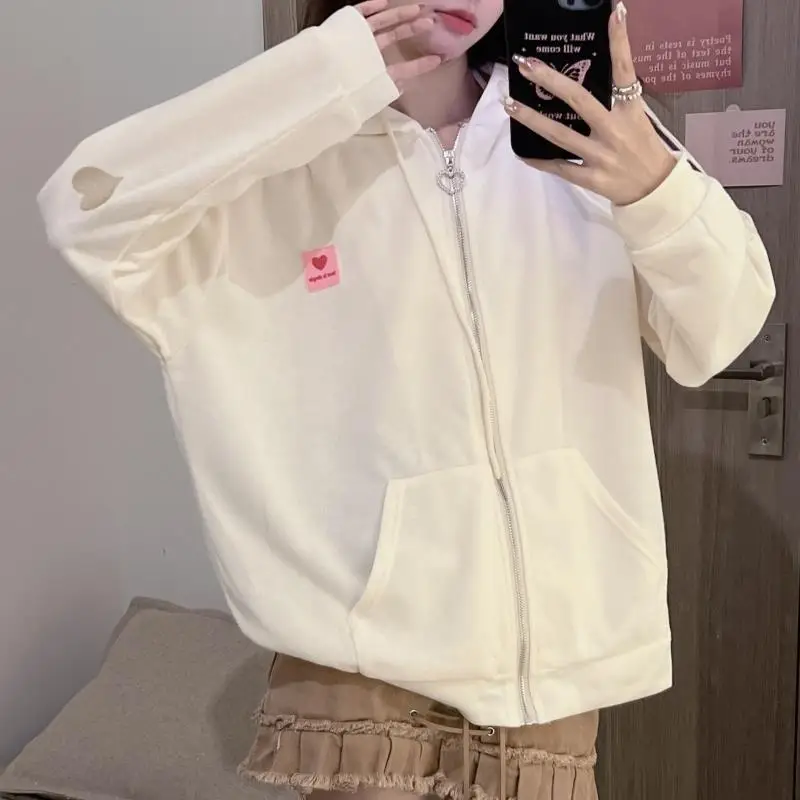 

New Embroidered Hooded Korean Sweatshirt Women's Cardigan Autumn Thin Coat Female Zipper Apricot Hoodies Streetwear M-XL