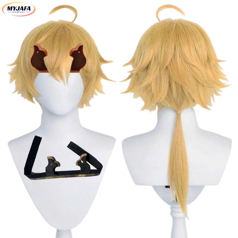 Gioco Genshin Impact Thoma Parrucca Cosplay Design Soffice Tridimensionale Parrucche Sintetiche Resistenti Al Calore Dorate + Cappuccio Parrucca + Cor