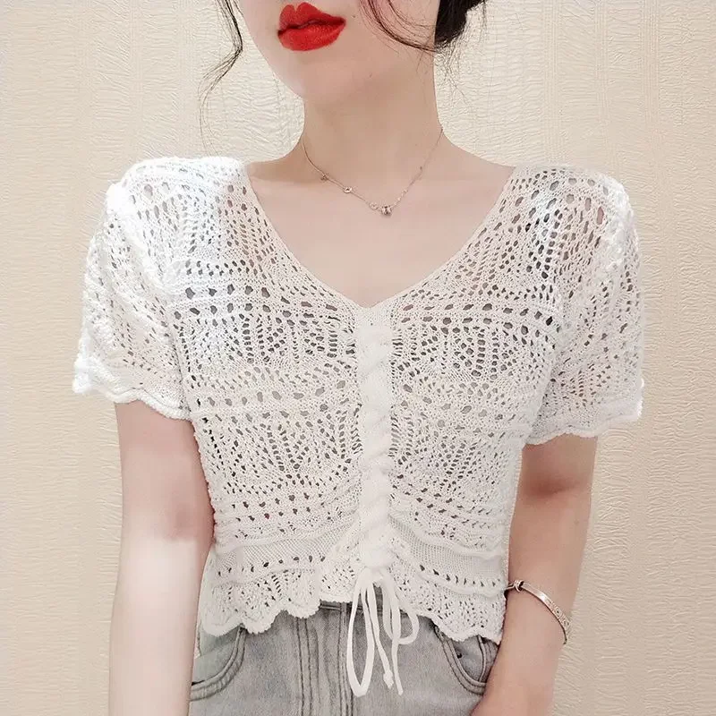 

Women Summer French Style2024 New Short Sleeve Lace Shrug Hollow Out Crochet Knit Cardigan V-Neck Button Down Sheer Crop Top