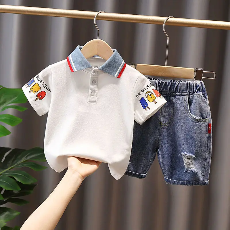 

2022 Baby boy clothes summer spring children's suit cartoon shirts + demin pant toddler boys two-piece clothing suit