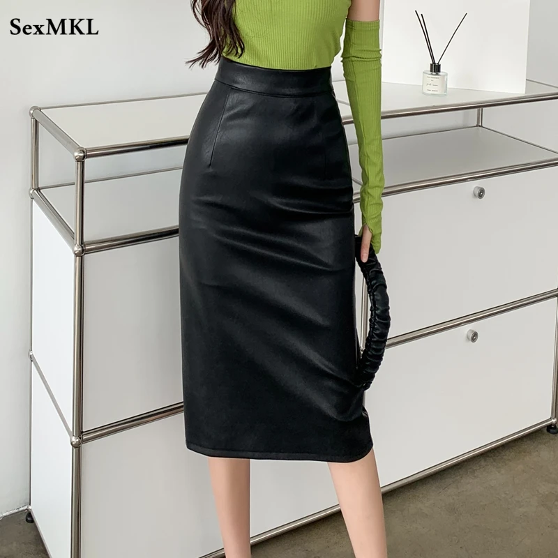 

S-XXL Office Pu Leather Skirts Women 2022 Fashion Elegant Winter Mid Length Black Skirt Korean High Waist Midi Pencil Skirt