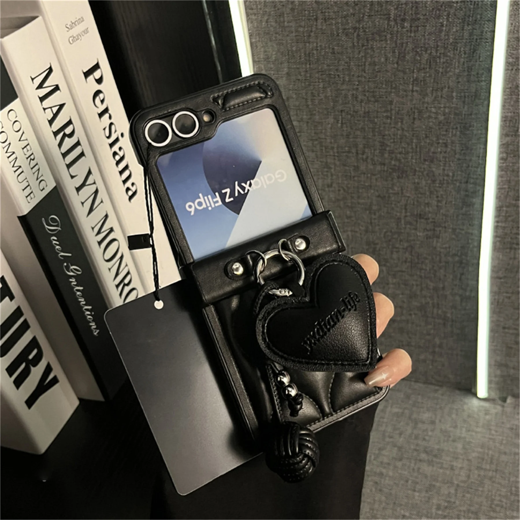 Luxury Wave Black Phone Case with Love Pendant Leather Strap