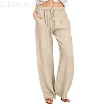 Women's Cotton Linen High Waist Wide Leg Pants Summer Lightweight Casual Loose Fit Beach Pants Fashion Streetwear Trousers