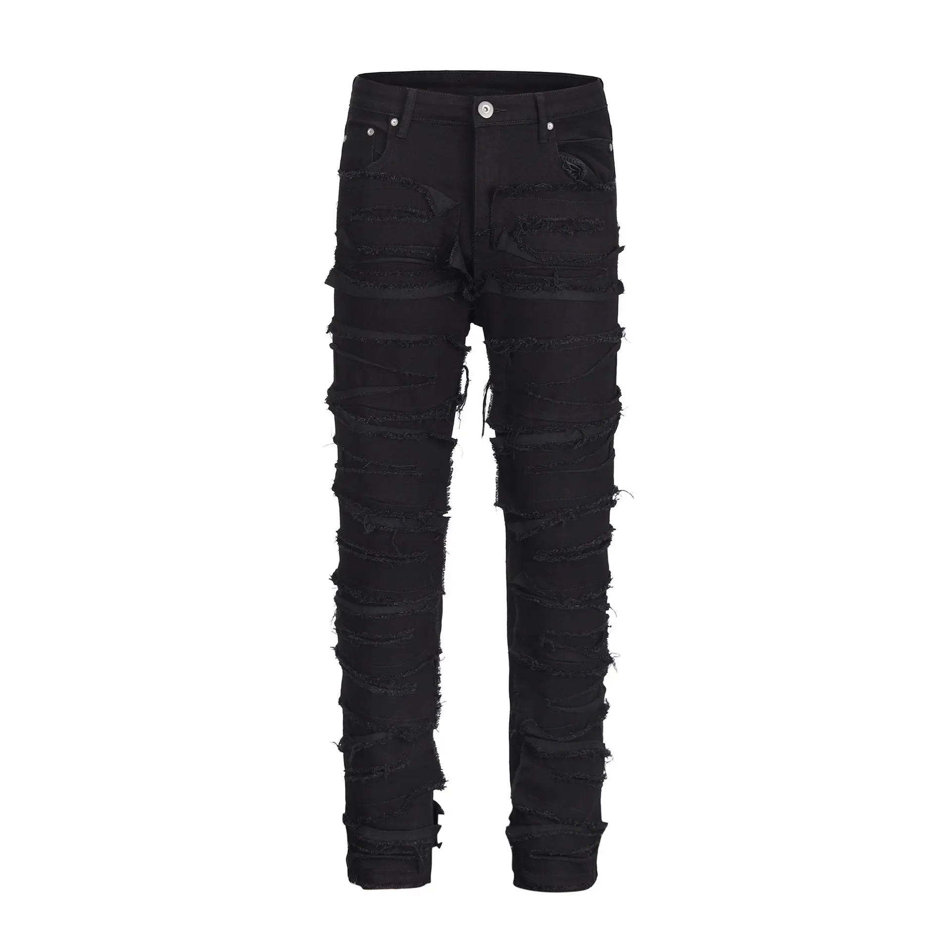 Luxury Clothing Vintage Ripped Men's Black Straight-leg Jeans Solid Denim Pencil Pants Spring Autumn Casual Bottomwear Pants