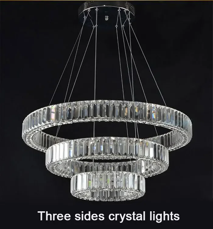 

Crystal Lustres LED Chandelier Lighting Villa Living Room Long Crystal Ring Diamond Three Sides Hotel Industrial Led Lamp