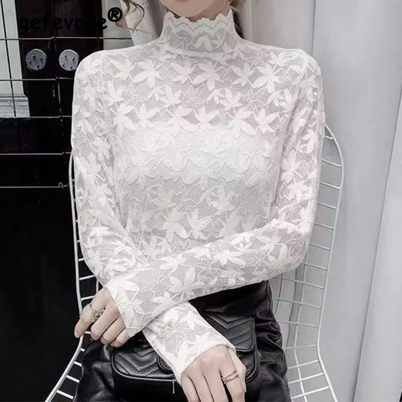 

2023 Autumn/Winter New Half High Collar Brushed Lace Underlay Shirt Hollow Out Inner Layer Insulation Long Sleeved Top for Women