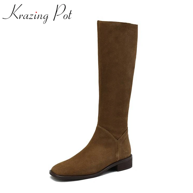 

Krazing Pot Cow Suede Round Toe Low Heels Winter Keep Warm Equestrian Boots Zipper High Street Fashion Beauty Lady Knee Boots