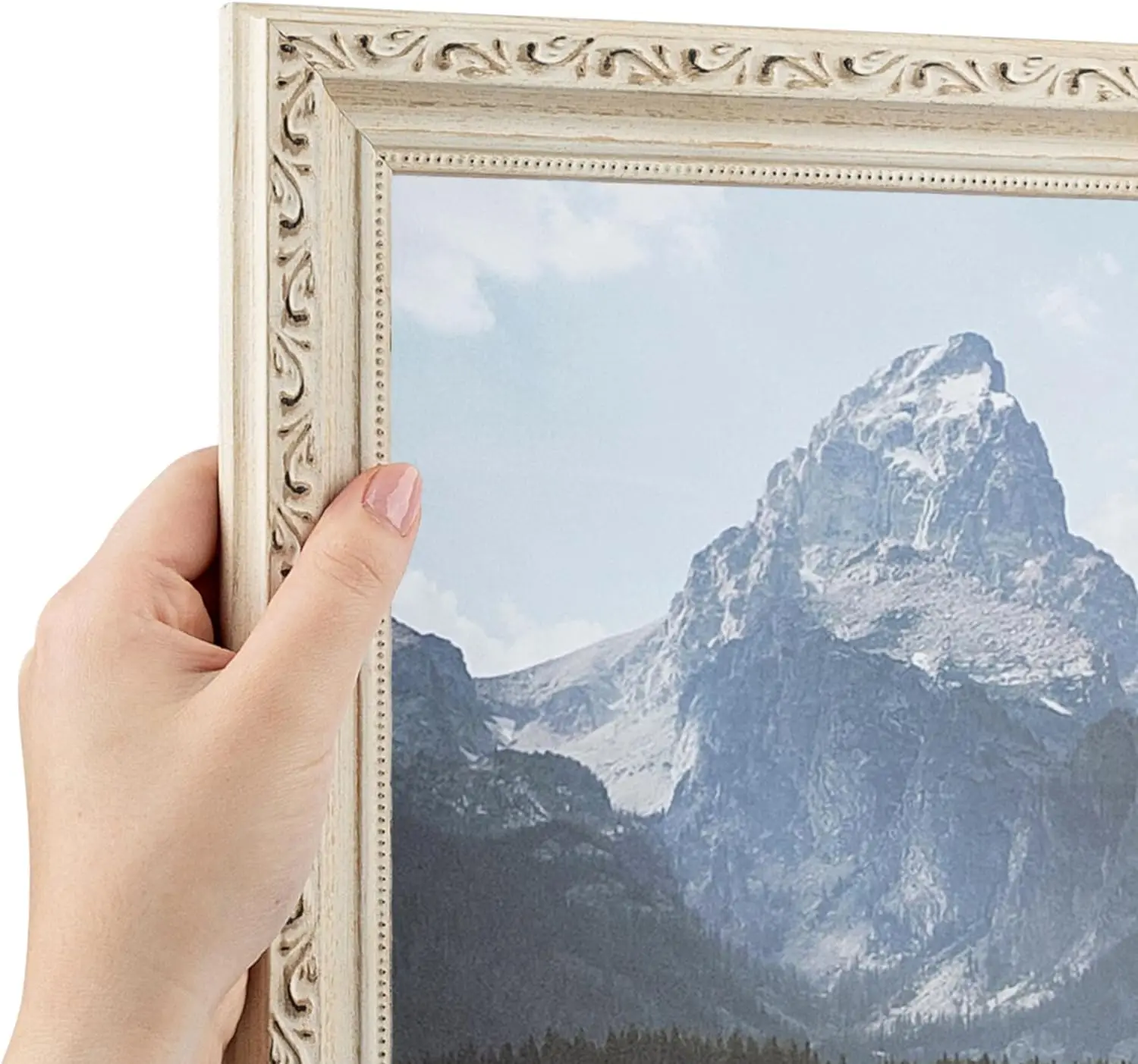 

13x19 Inch White Picture Frame, This 1.25" Custom Wood Poster Frame is Old White Wash with Bead, for Your Art or Photos
