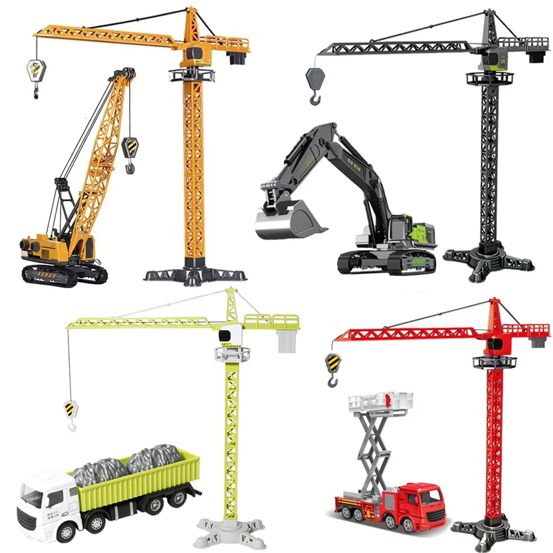 2 PCS 엔지니어링 다이 캐스트 타워 크레인 건설 모델 차량 로더 트랙터 굴삭..