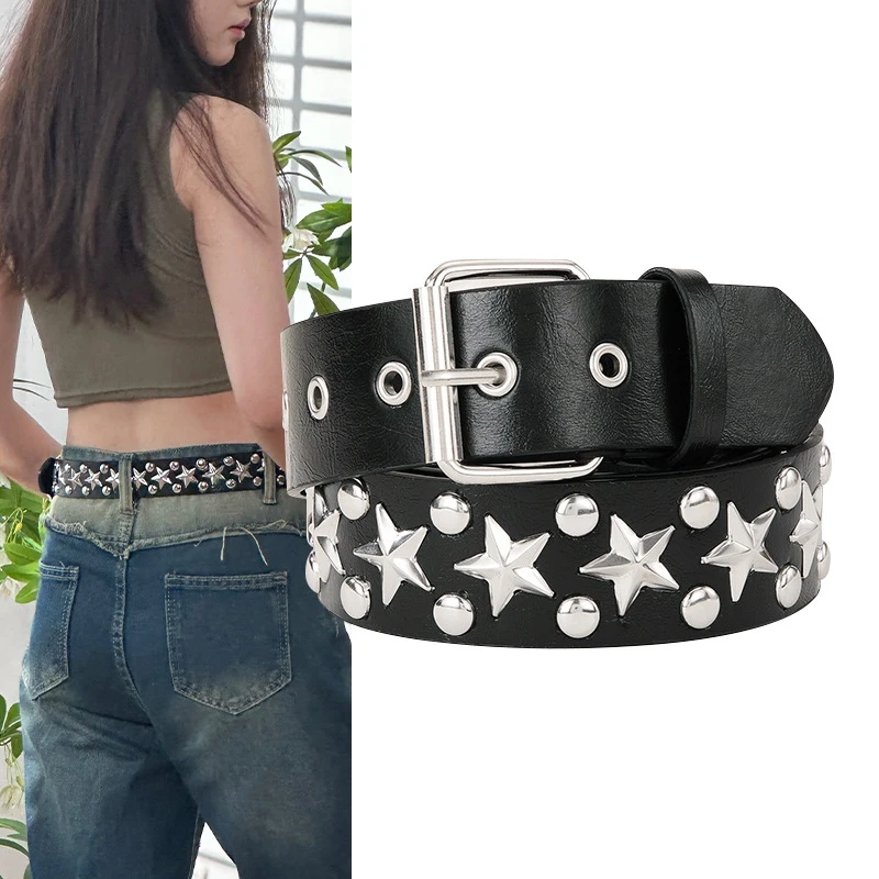 Women's Black PU Leather Belt Punk Style Personality Trend Pentagram Silver Rivets Decorative Belt Jeans Accessories