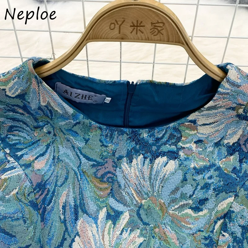 Neploe 코트 스타일 유화 자카드 로브, 레트로 베스티도, 라운드넥 민소매 슬림 허리 중간 길이 원피스, 여름 2025
