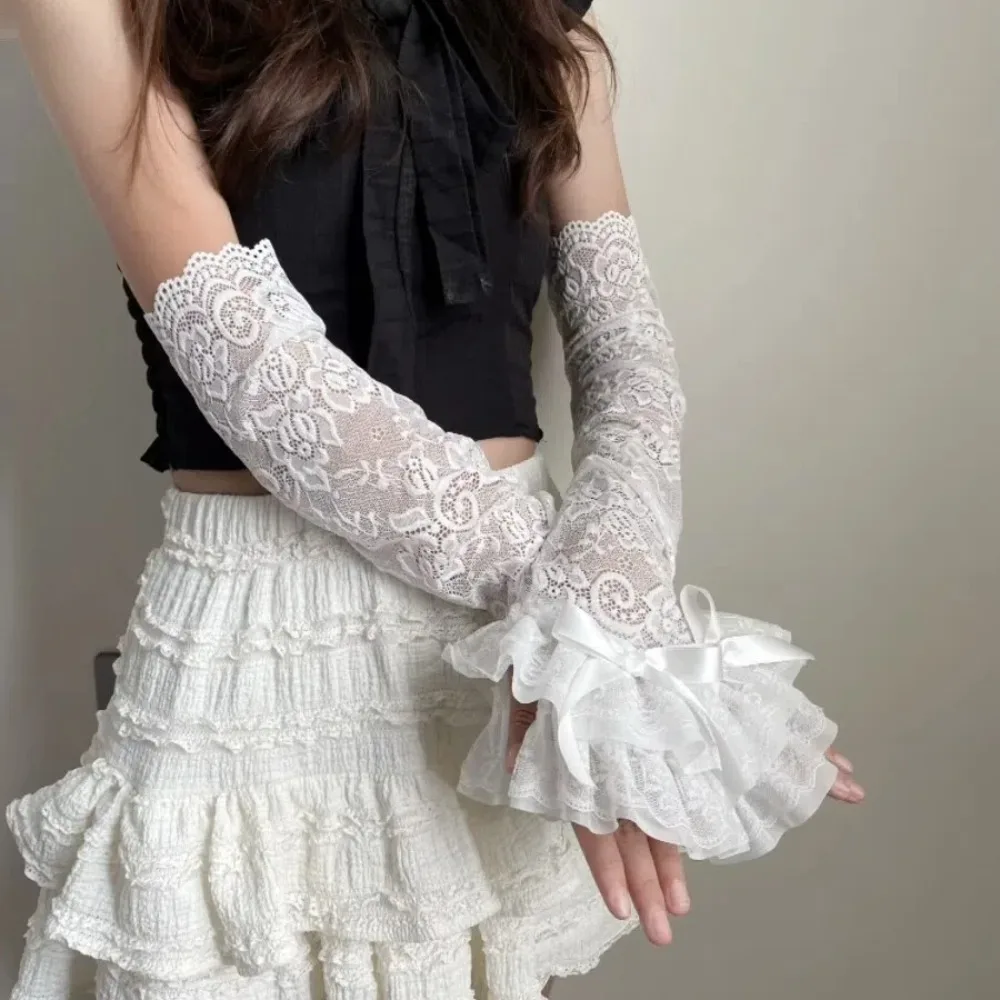 Graceful Lace Bowknot Womens Sleeve Y2K Hollow Out Lace Fingerless Gloves Sun Protection Long Gloves