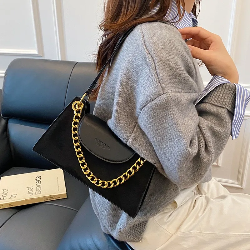 Faux Suede Shoulder Bag with Chain Crossbody Bag Retro Flap Bag for Women Work Shopping Travel