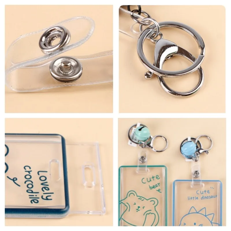 Transparent Cartoon Acrylic Card Case for Kids Student ID Card Case Bell Keyring Buckle Protection Sleeve