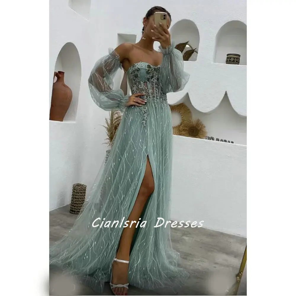 

Mint Green Long Sleeve High Split Dubai Evening Dresses 3D Flowers Lace Off The Shoulder Saudi Arabic Prom Formal Party Gowns