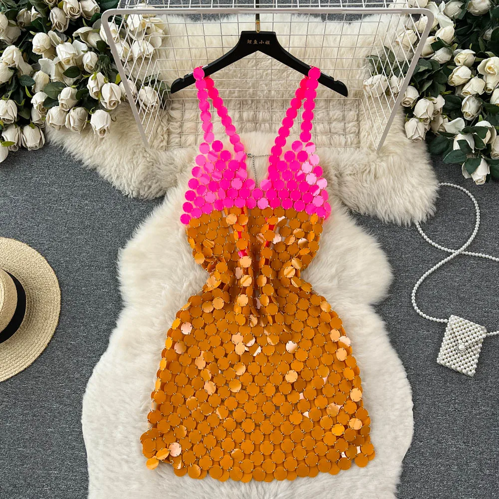 

Women's Integrated Sequin Short Mini Dress Women Sexy Backless Sleeveless Glitter Rhinestone Halter Lady Mini Dresses 2023