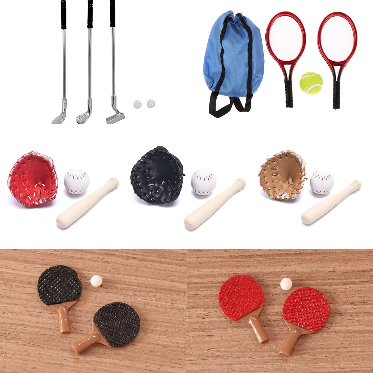 

1 Set Dollhouse Miniature Tennis Racket Tennis Baseball Golf Table Tennis Set Simulation Sports Model Doll House Accessories
