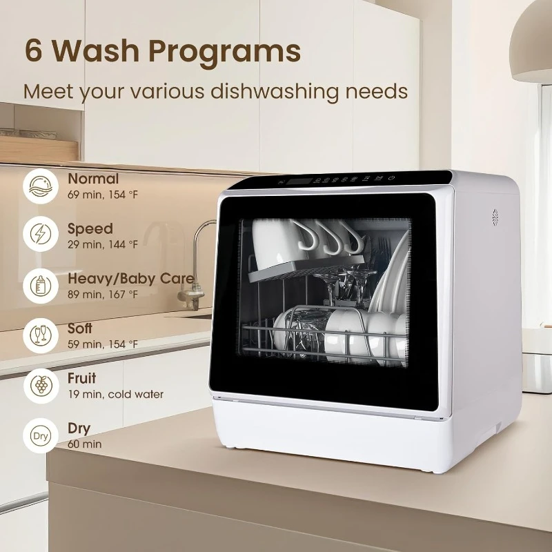 Countertop Dishwasher, 6 Programs Portable Dishwashers with 5L Built-in Water Tank, No Hookup Needed, Baby Care