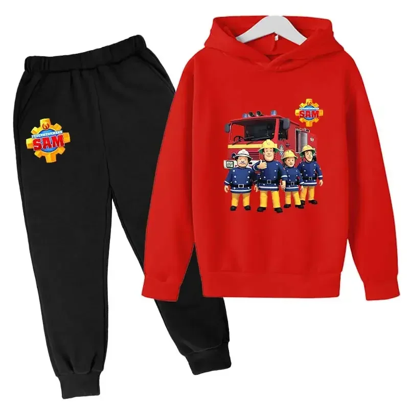 thumbnail image 1 of Conjunto de primavera y otoño para niños, sudadera con capucha de Sam el bombero, ropa deportiva informal con estampado de anime, traje de pantalón para niños y niñas de 2 a 14 años, 1 of 5