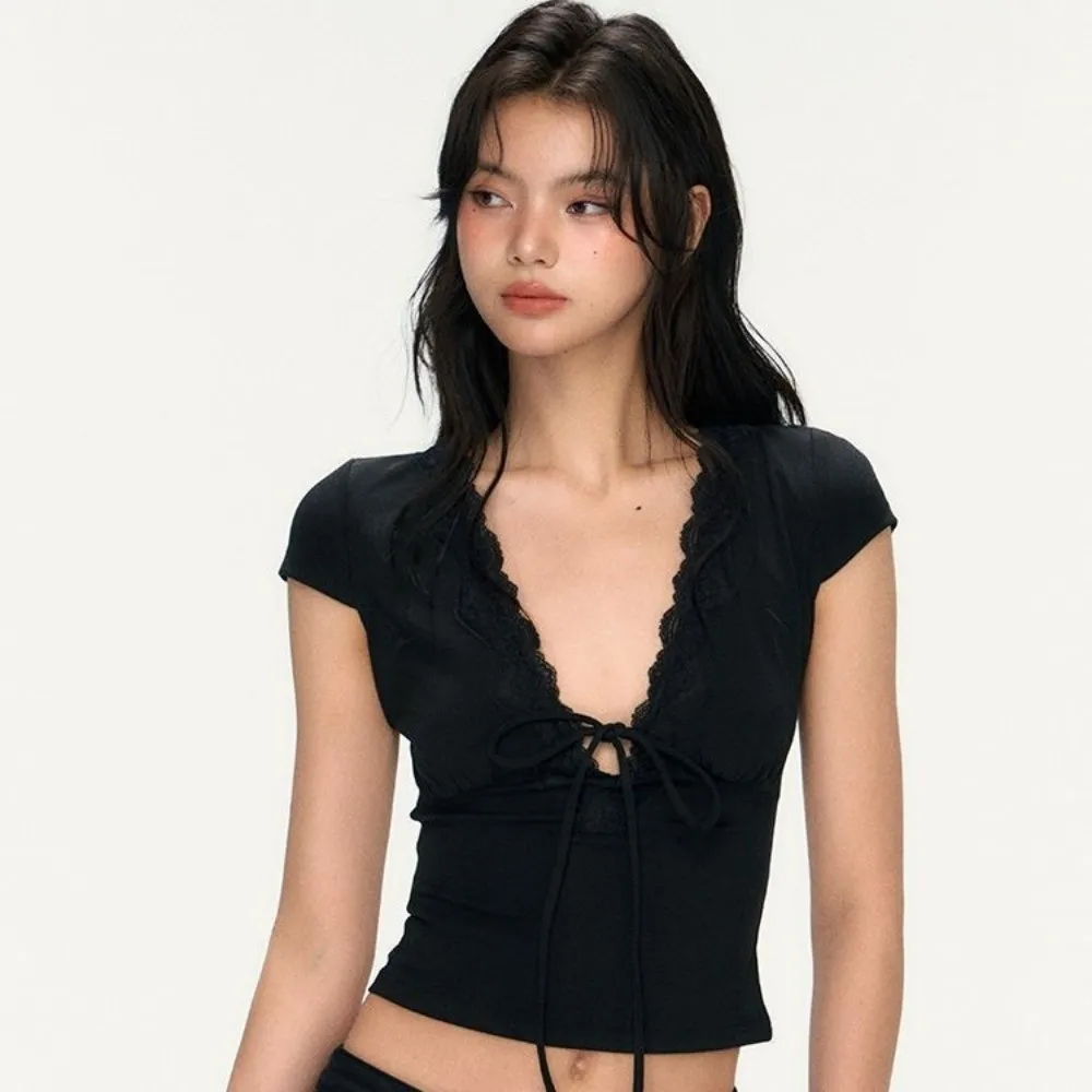 Chic V Neck Slim Crop Tops Short Sleeve Lace Bottoming T-shirt Sweet Elastic Camisole Streetwear