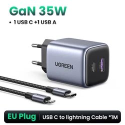 UGREEN GaN 35W Dual-Port USB-C Fast Charger with PD and QC Technology - EU Add iPhone Cable