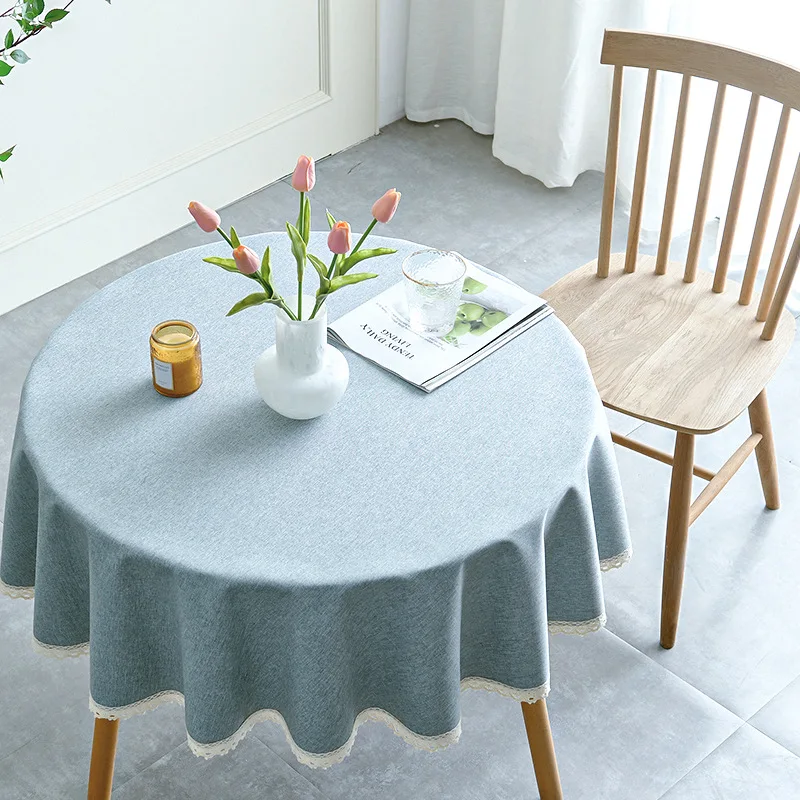 1pc Waterproof and Oil-Proof Round Table Cloth with Lace Edge,Nordic Style Solid