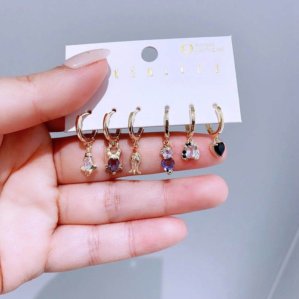 New Design 6pcs Cubic Zirconia Villain Dangle Earrings Set Gold Color Plated Women Girls Jewellery 6
