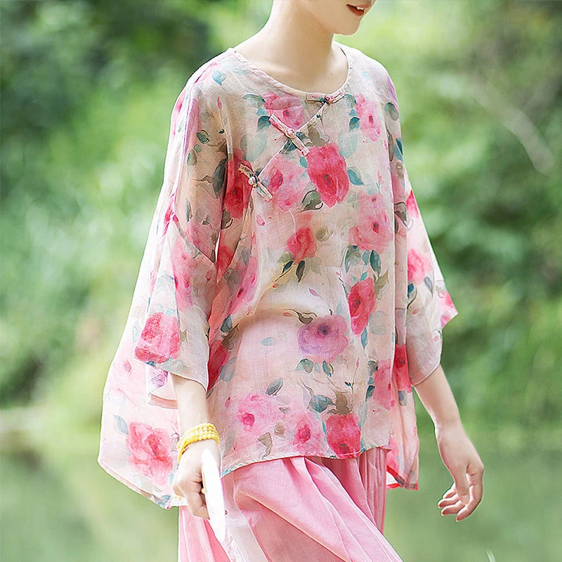 

2022 Summer New Arts Style Women Short Sleeve Loose O-neck T-shirt Vintage Print Flower Print Linen Tee Shirt Femme Tops C378