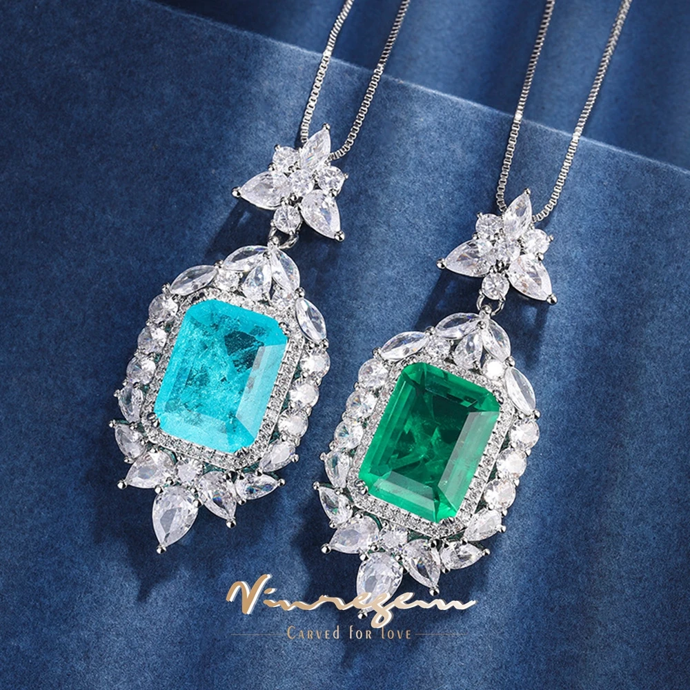 

Vinregem 12*16MM Lab Created Emerald Paraiba Tourmaline Gemstone Vintage Pendant Necklace For Women Gift Fine Jewelry Wholesale