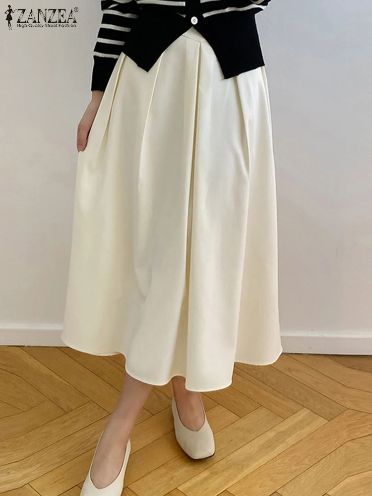 

ZANZEA Women Pleating Faldas 2023 Summer Solid Color Maxi Skirt Casual Loose High Waist Jupe Oversized Elastic Waist OL Bottoms