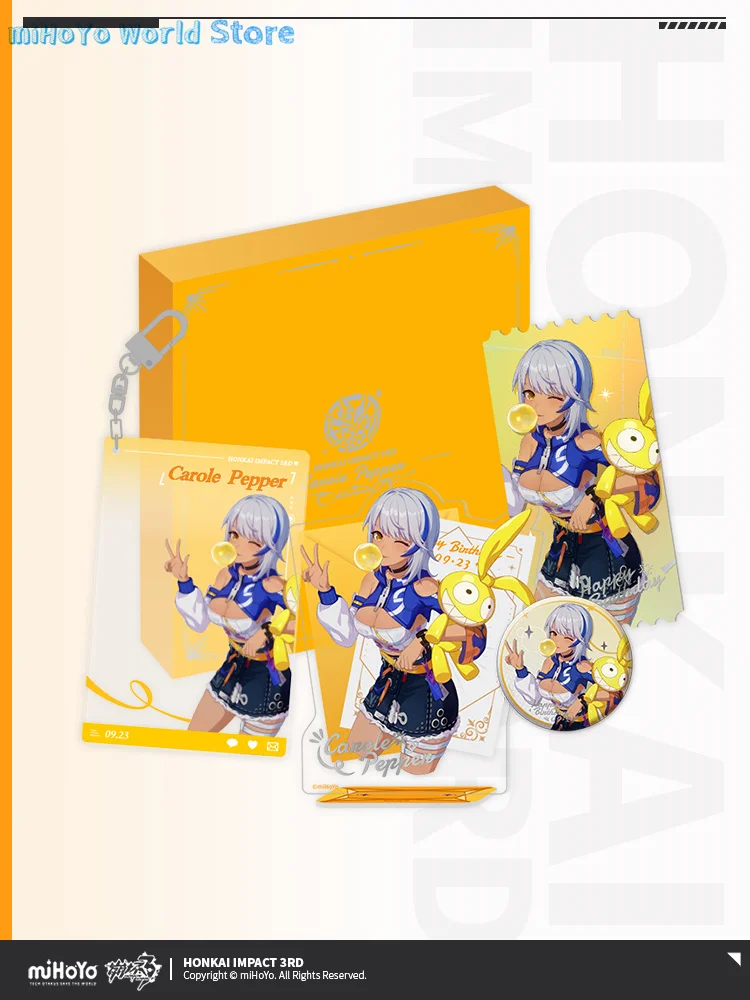 

Официальная оригинальная коробка для дня рождения Honkai Impact 3 Carole Pepper 2023, акриловая статуя, металлическая фотография, Набор наклеек