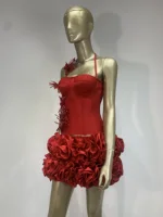 High End Fashion Women Red Bandage Outfit Halter Slash Neck Corset Top And Rose Mini Skirt Two Pieces Sets Evening Club Party - Image 3