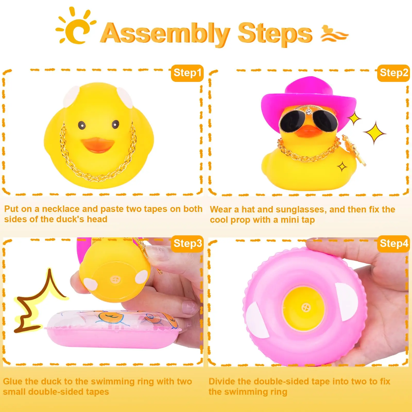 2 Set Car Rubber Duck Rubber Duck for Jeeps Ducking Decoration Dashboard with Sun Hat Swim Ring Necklace Sunglasses 3