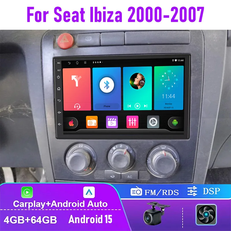 7 "4 + 64GB para Seat Ibiza 2000-2007 Radio de coche inalámbrica Carplay Android 15 Auto Google mapa unidad principal cámara trasera 1