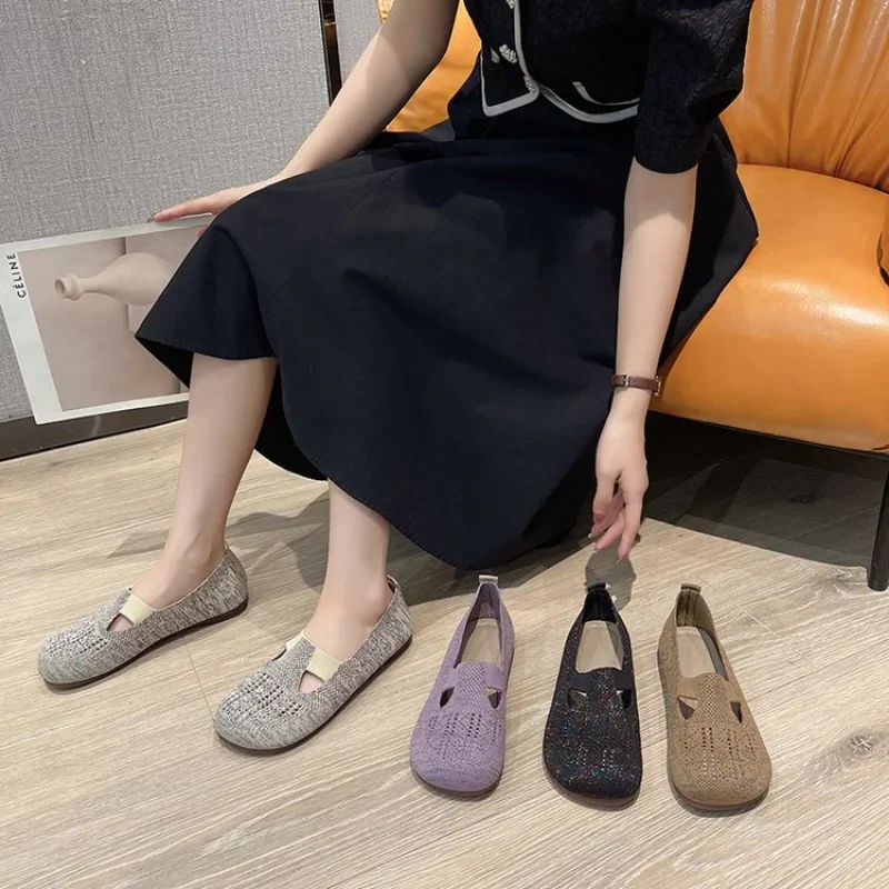 Hollow-out Loafers Spring Casual Shoes Women Flat Heel Square Toe Sneakers Summer Flats Women Weave Shoes Ventilation Footwear