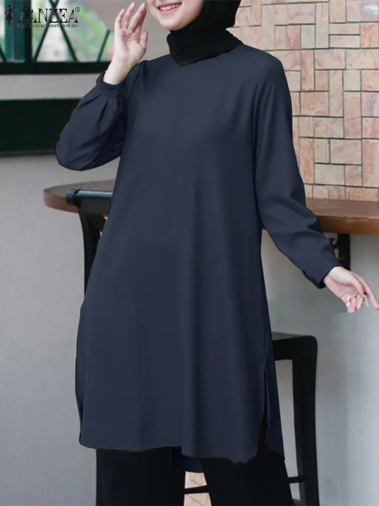 

ZANZEA Spring Vintage Muslim Tops Woman Long Sleeve O-Neck Solid Blouse Islamic Clothing Vintage Casual Shirt Abaya Kaftan 2023