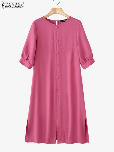 ZANZEA Estate Increspato Texture Abiti Midi Donne Girocollo Mezza Manica a Soffio Fessura-Hem Robes Femme Casual Allentato Solido Abiti 5