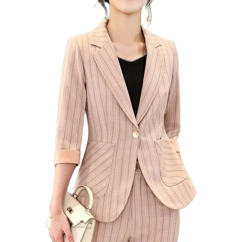 

Lenshin 2 Piece Half Sleeve Soft Pant Suit Summer Wear Office Lady Fashion Design Stripe Women Blazer Ankle-Length Trousers
