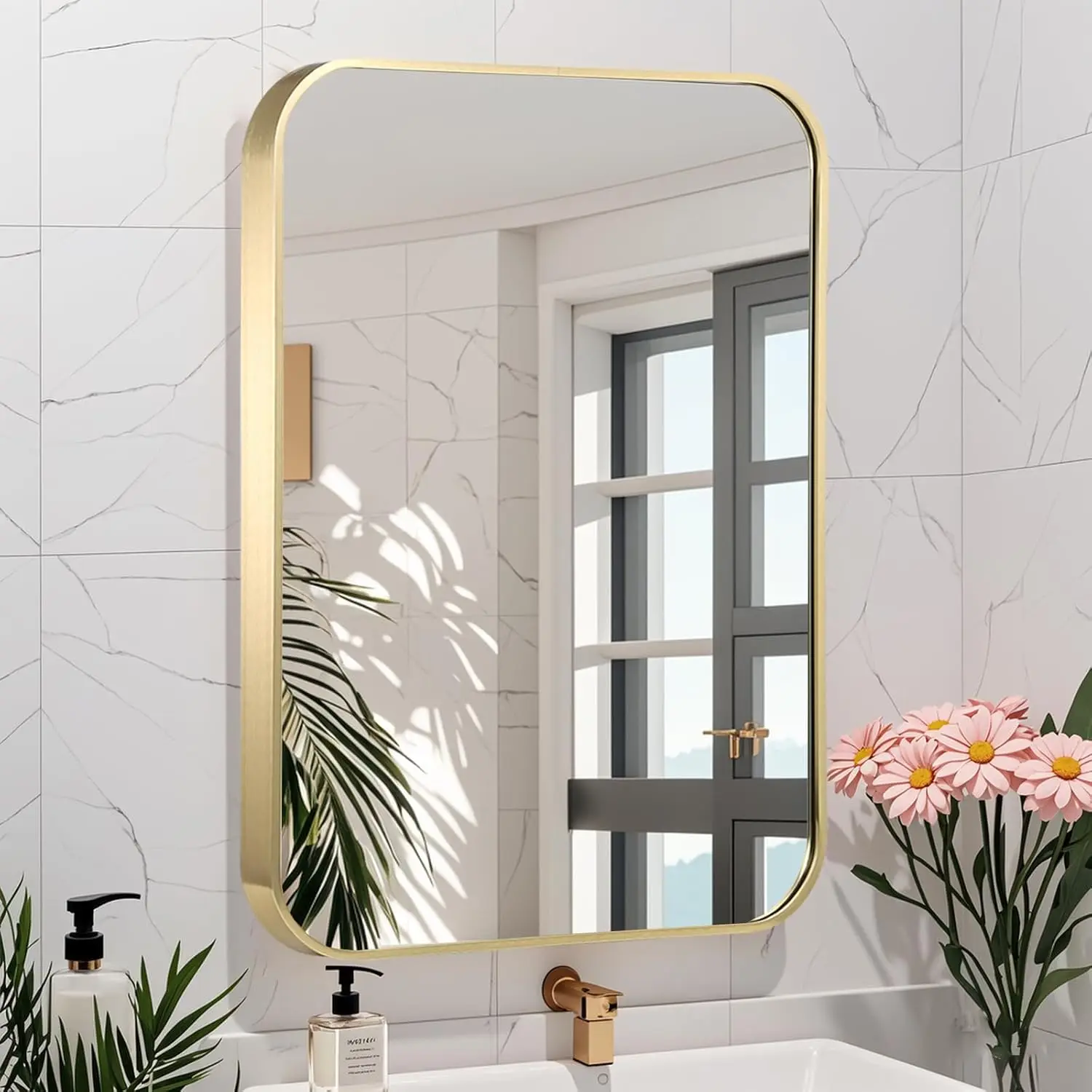24x36" Gold Bathroom Mirror. Brushed Brass Frame. Rectangular. Rounded Corners. Wall Mounted. Horizontal/Vertical.
