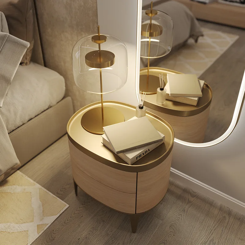 

Modern Luxury Round Bedside Table Wooden Drawers Small Bedroom Side Dresser Night Stands Cabinet Mesitas De Noche Home Furniture