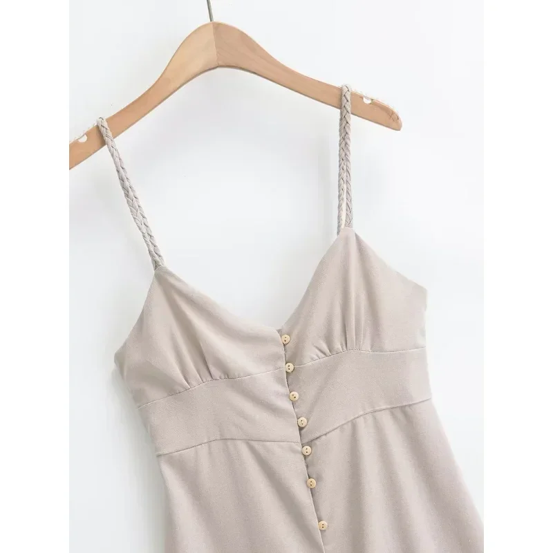 Linen Dress Women Strapless V Neck Solid High Quality Midi Vintage Chic And  Elegant Y2k Sundress Women's Dresses - AliExpress 200000345