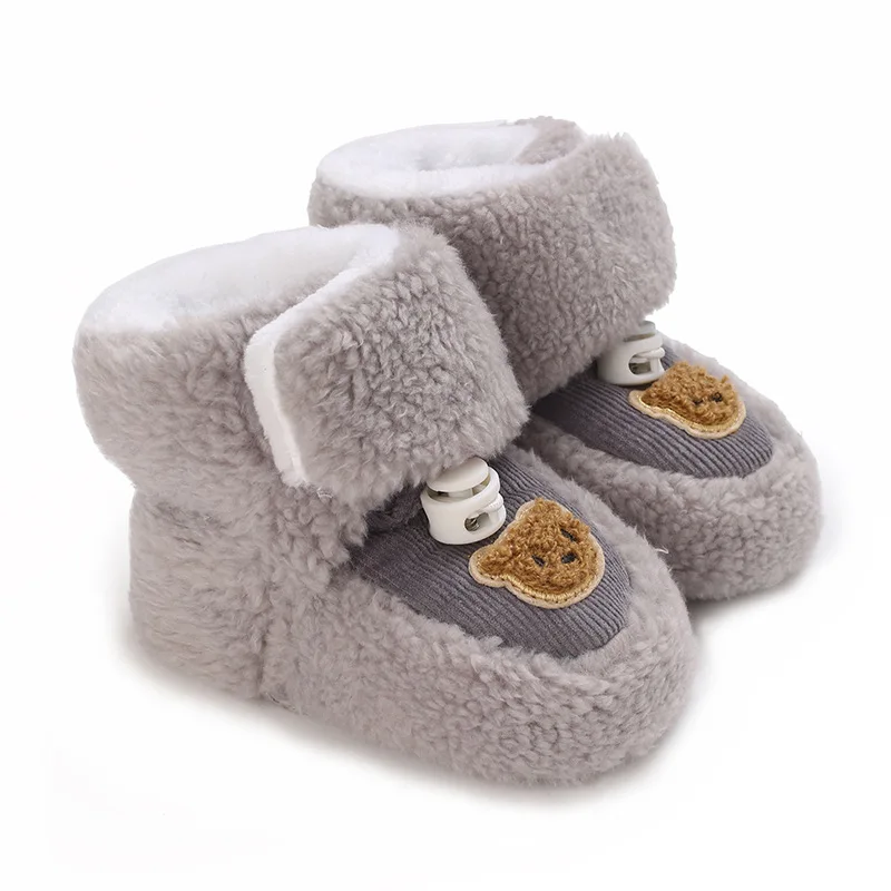 VISgogo Newborn Snow Boots Cute Bear Pattern Winter Ankle Boots Baby Warm Walking Shoes for Toddler Infant