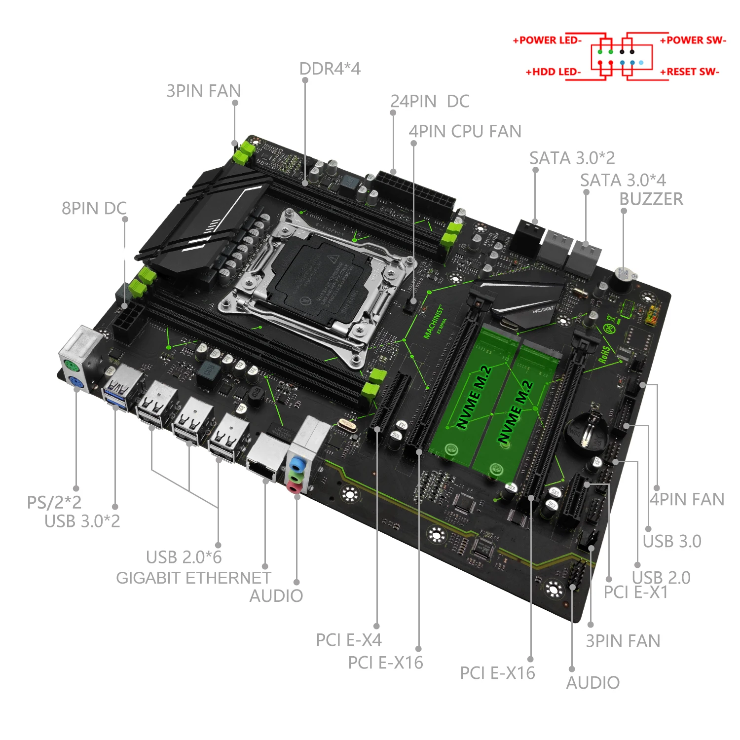 MACHINIST X99 Motherboard LGA 2011-3 Support Intel Xeon E5 2670 2680 2690 V3 V4 CPU DDR4 RAM Memory NVME M.2 Four Channel MR9A