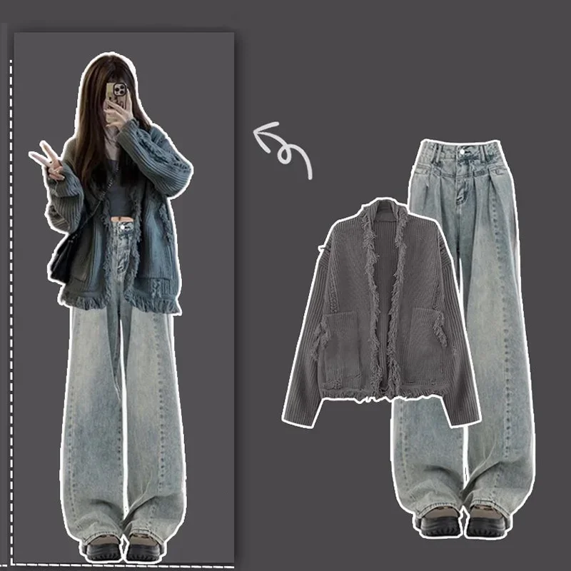 2023 New Korean Autumn/Winter Women\'s Loose Cardigan Jeans Two Piece Autumn Two Piece Women\'s Pants 2 piece knitted set women
