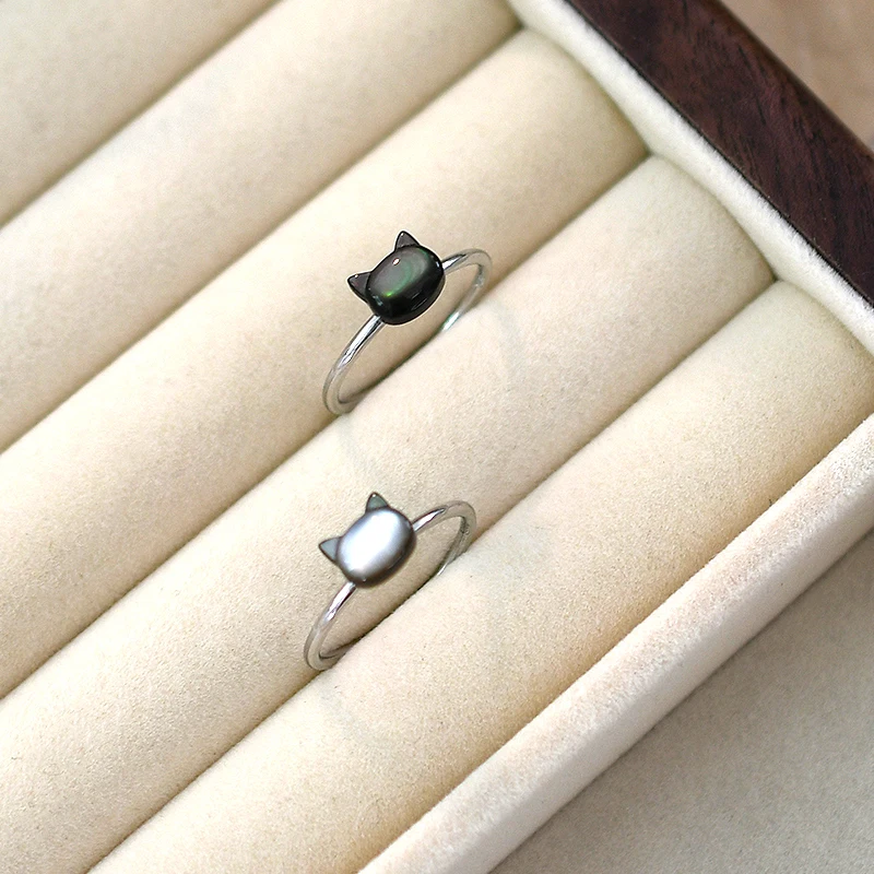 Trendy Natural Shell Black Cat Sterling Silver Ring for Girls Adjustable Jewelry - PeticaDeals