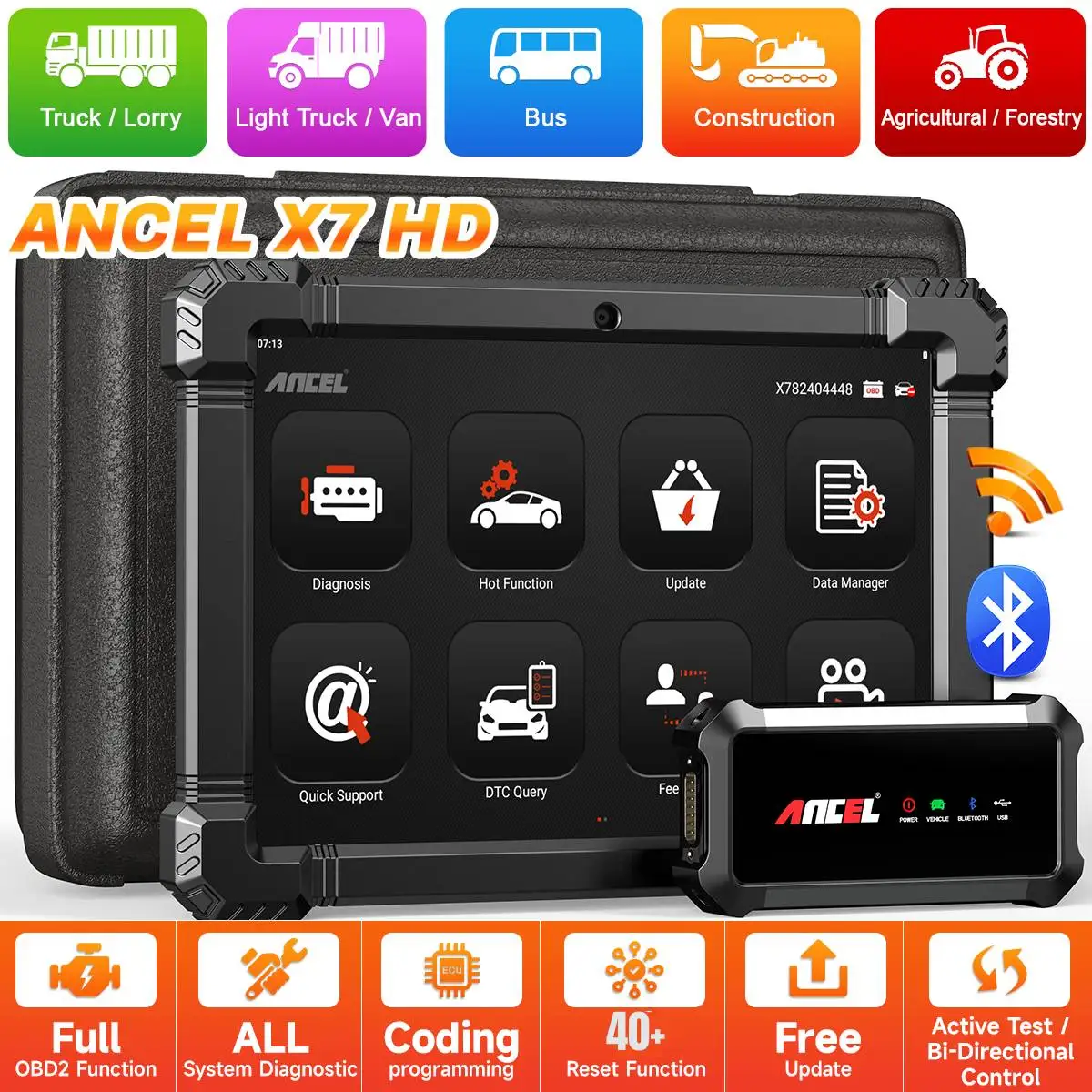 ANCEL X7 HD heavy truck OBD2 scanner for cars full system 12 volt 24 volt oil D-P-F Regen ECU reset obd2 diagnostic tools for truc...